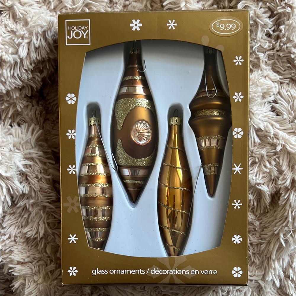 RETRO Holiday Joy glass ornaments. Gold Set of 4. Zellers Hudson Bay Company,